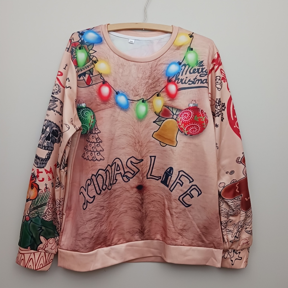 Unisex Adult Hairy Chest Ugly Christmas Sweater 3D Funny Tattoos Size 2XL(Large)